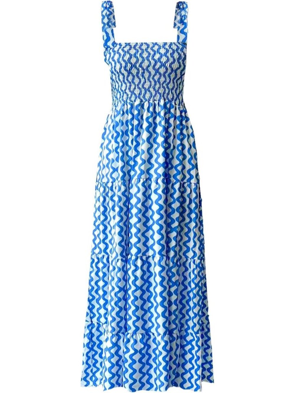 Women's Blue White Sleeveless Square Neck Ruffle Flowy Imported Maxi Dress